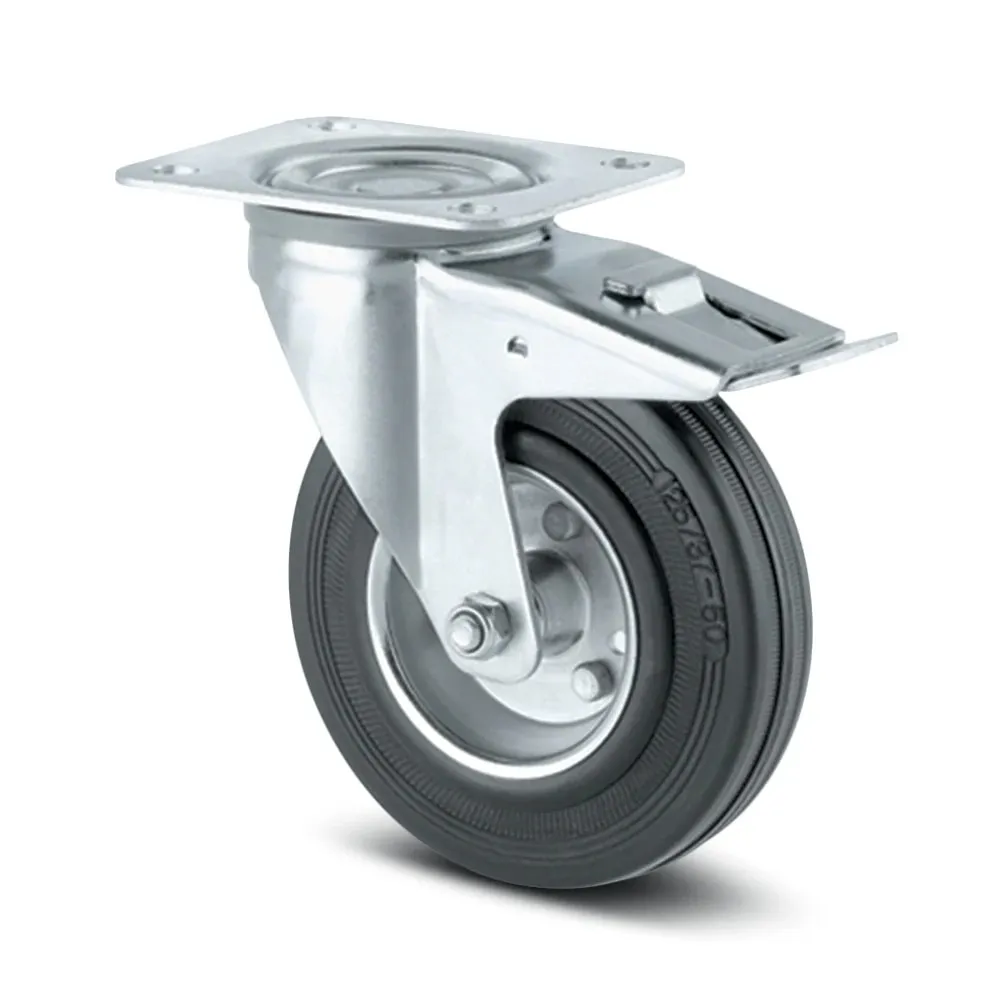 Roata pivotanta, din otel + cauciuc, cu frana, cu placa, 80 mm, 70 kg