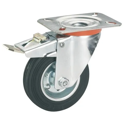 Roata pivotanta metalica & cauciuc plin Tarrox Ø100mm, placa fixare 105x80 mm, cu rulment si frana