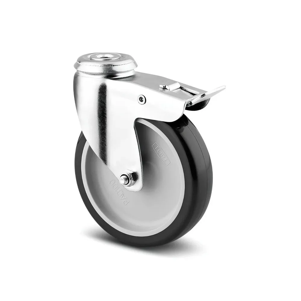 Roata pivotanta pentru carucior / mobila, din polipropilena + cauciuc, cu frana, cu alezaj, 75 mm, 60 kg