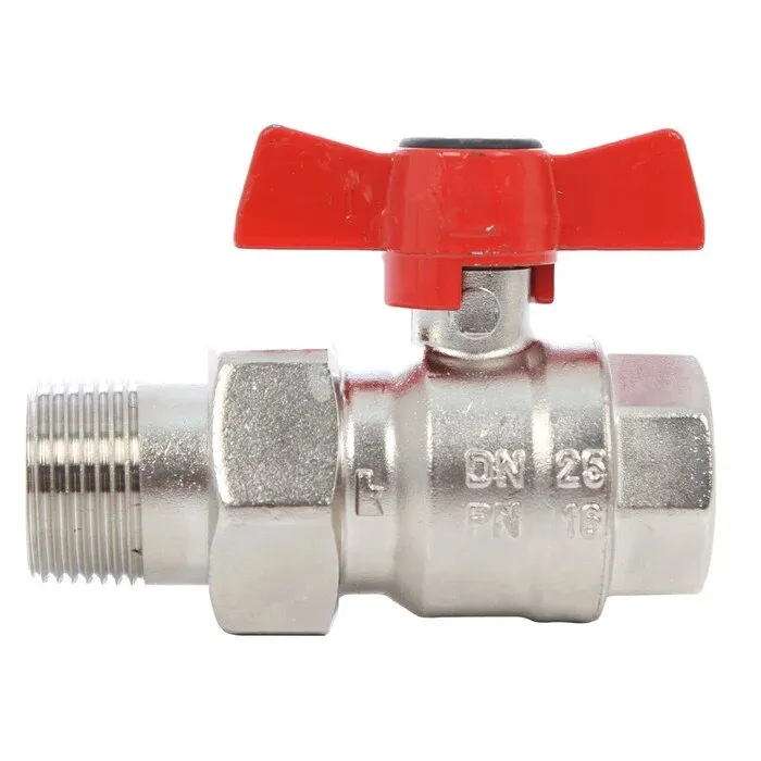 Robinet de inchidere cu bila Herz, alama nichelata, cu racord olandez, filet interior-exterior, DN 25, PN 16, maner fluture