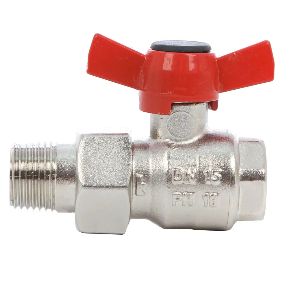 Robinet de inchidere cu bila Herz, alama nichelata, cu racord olandez, filet interior-exterior, DN 15, PN 16, maner fluture