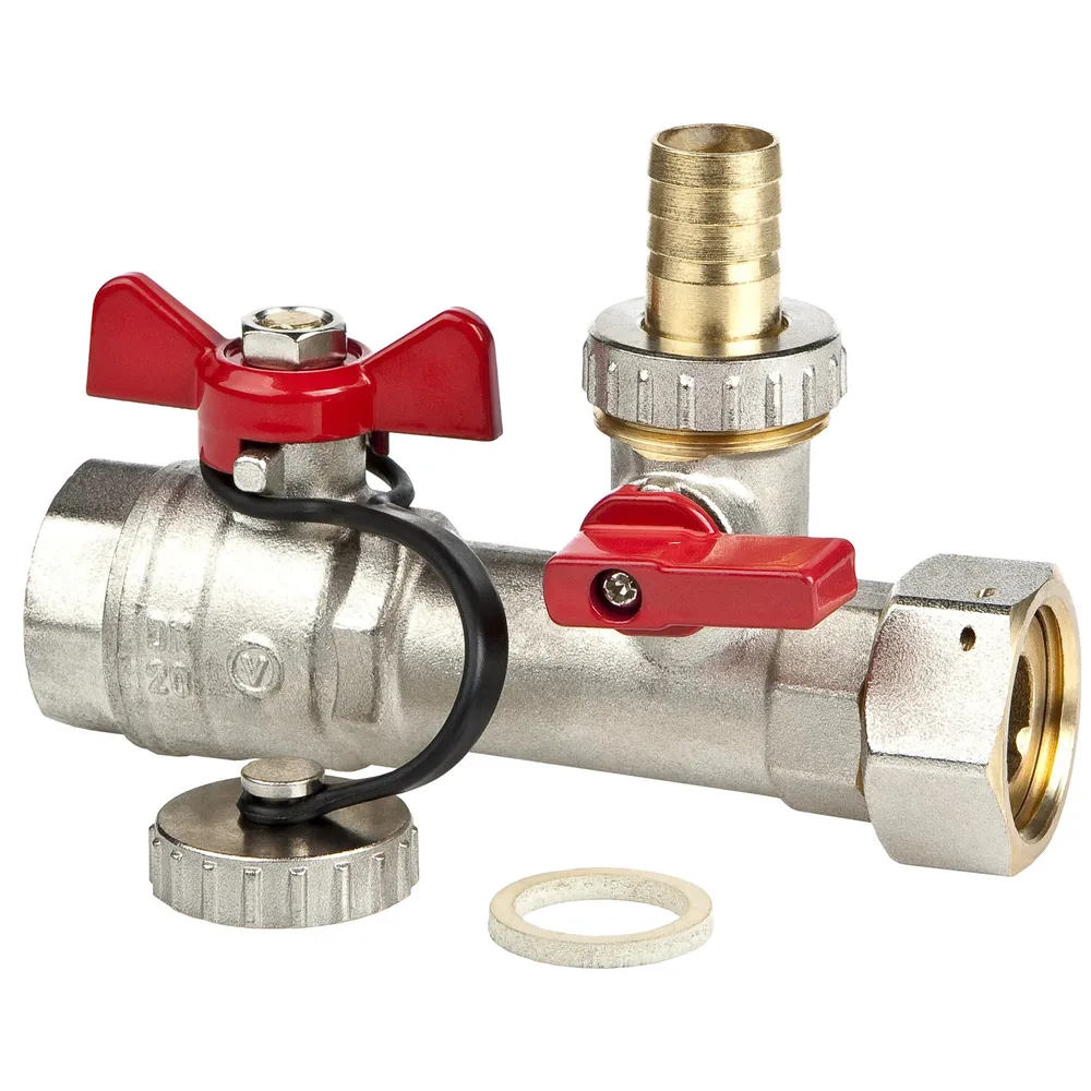 Robinet de inchidere Valvex, alama, rosu, cu piulita pivotanta, cu robinet de golire, cu racord olandez, filet interior-interior, 3/4", maner fluture