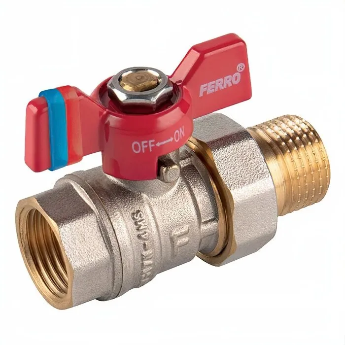 Robinet de trecere cu bila Ferro, F-Comfort, cu racord olandez, alama, filet interior-exterior, 1", PN20, maner fluture