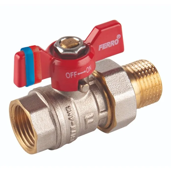 Robinet de trecere cu bila Ferro F-Comfort, cu racord olandez, alama, filet interior-exterior, 1/2", PN20, maner fluture
