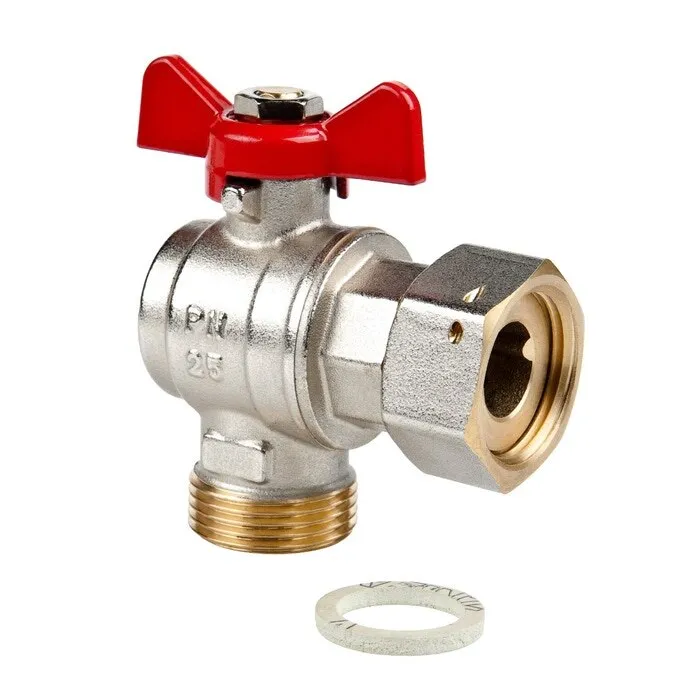 Robinet de trecere cu bila Valvex Spin, alama, colt, cu semiolandez, filet interior-exterior, PN25, maner fluture, garnitura din fibra, 3/4" - 3/4"