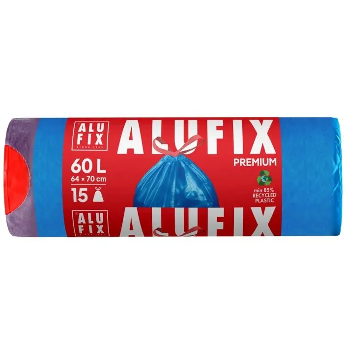 Saci menajeri / gunoi Alufix Premium, cu banda, albastru, 60L, 15 buc