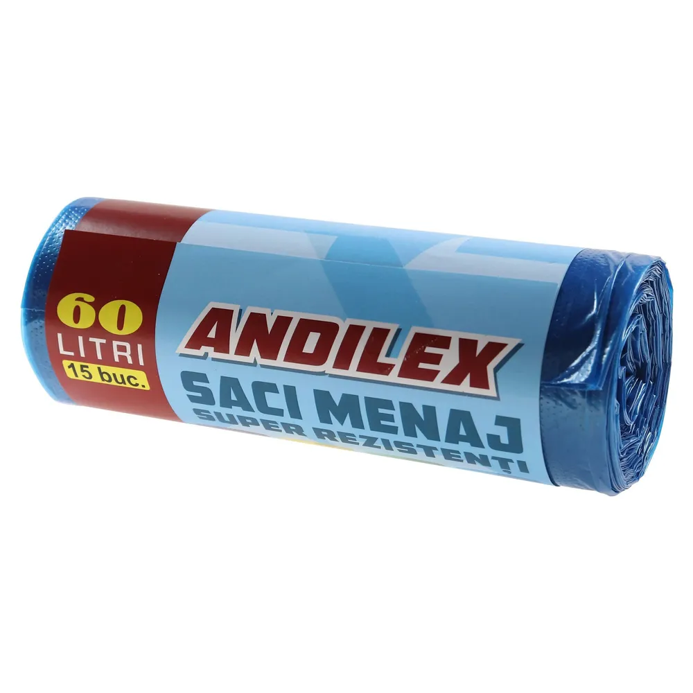 Saci menajeri / gunoi Andilex, super rezistenti, albastru, 60 L, 15 buc