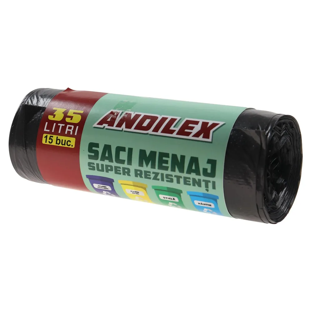 Saci menajeri / gunoi Andilex, super rezistenti, negru, 35 L, 15 buc