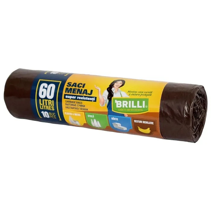 Saci menajeri / gunoi Brilli, pentru colectare selectiva, super rezistenti, maro, 60L, 10 buc