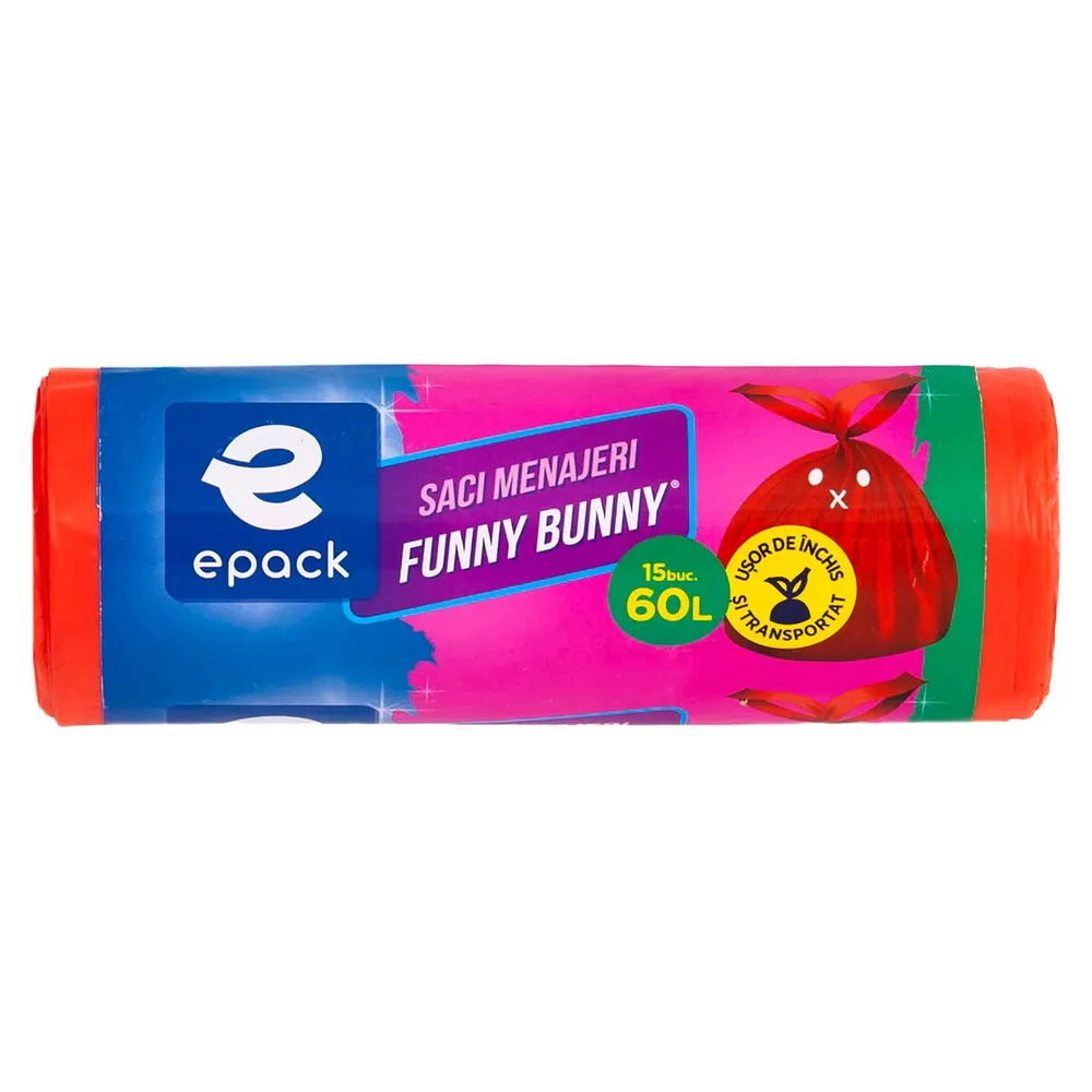 Saci menajeri / gunoi Epack Funny Bunny, cu manere, rosu, 60 L, 15 bucati