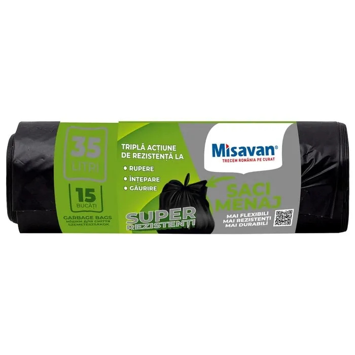Saci menajeri / gunoi Misavan, super rezistenti, negru, 35L, 15 buc