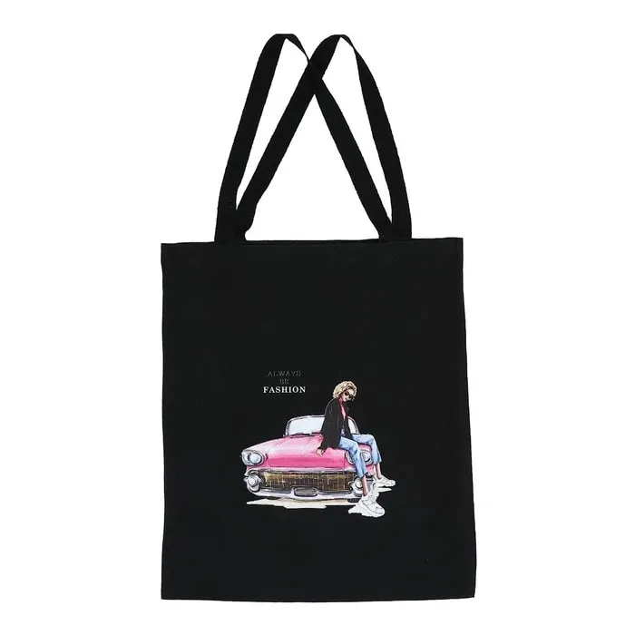 Sacosa din bumbac + poliester, Fashion, negru, cu imprimeu, 40 x 46 cm