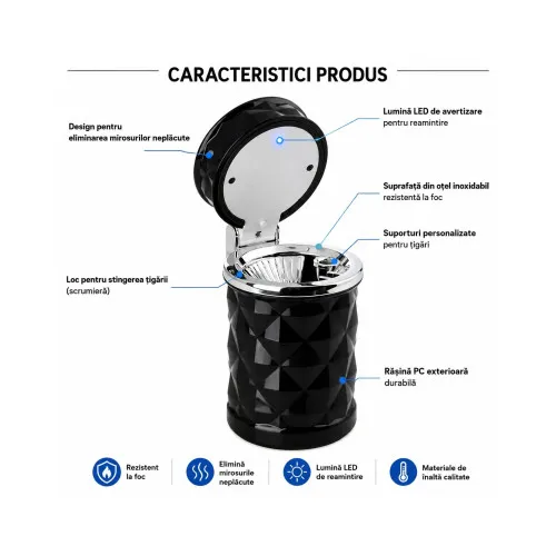 Scrumiera auto universala LED prindere grila ventilatie sau suport pahar — imaginea 2
