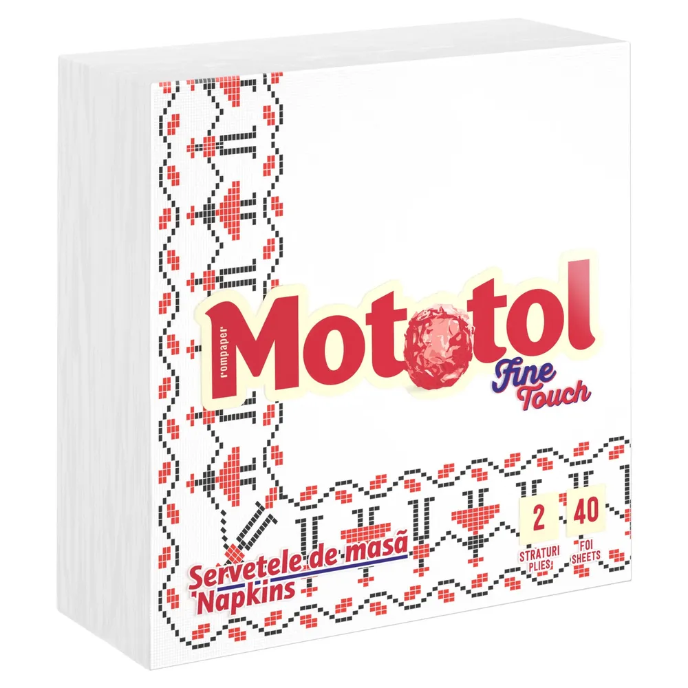 Servetele de masa Mototol Fine Touch, alb tiparit, 2 straturi, 33 x 33 cm, 40 buc / pachet