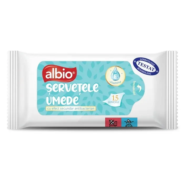 Servetele umede antibacteriene Albio, alb, 15 buc / pachet