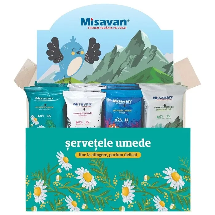 Servetele umede de buzunar Misavan, alb, 15 buc / pachet, diverse parfumuri