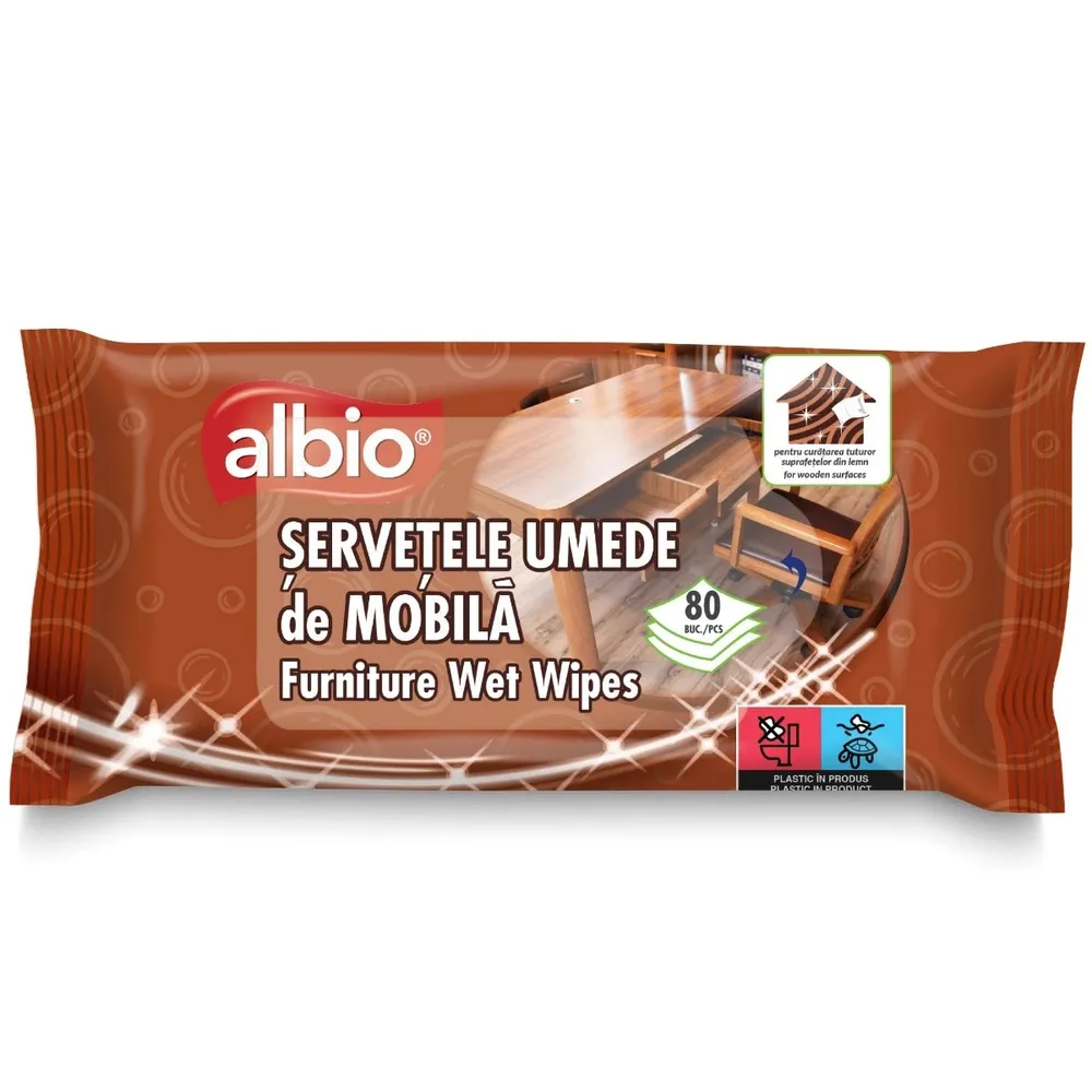 Servetele umede pentru mobila Albio, 80 buc, curatare eficienta, antistatic, pachet