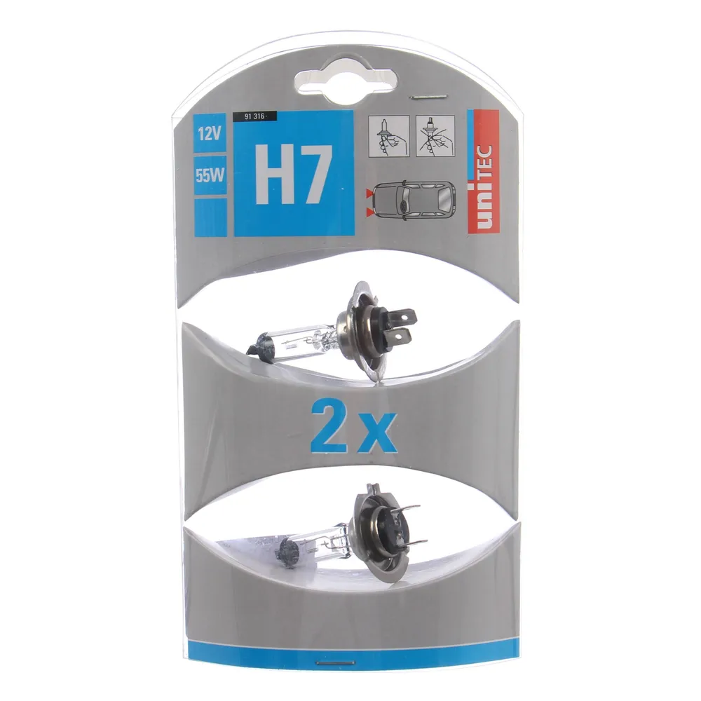 Set 2 becuri auto halogen pentru far Unitec H7, 55 W, 12 V, dimensiune 11,5 x 22 x 4,5 cm