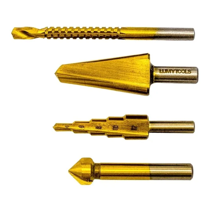 Set 4 burghie pentru metal, Lumytools LT21854, coada cilindrica, cu varf conic / in trepte / freza