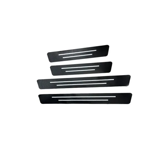 Set abtibild protectie praguri interior auto carbon cu dunga alba, 4 bucati, 60x6, 7cm si 40x6, 7cm