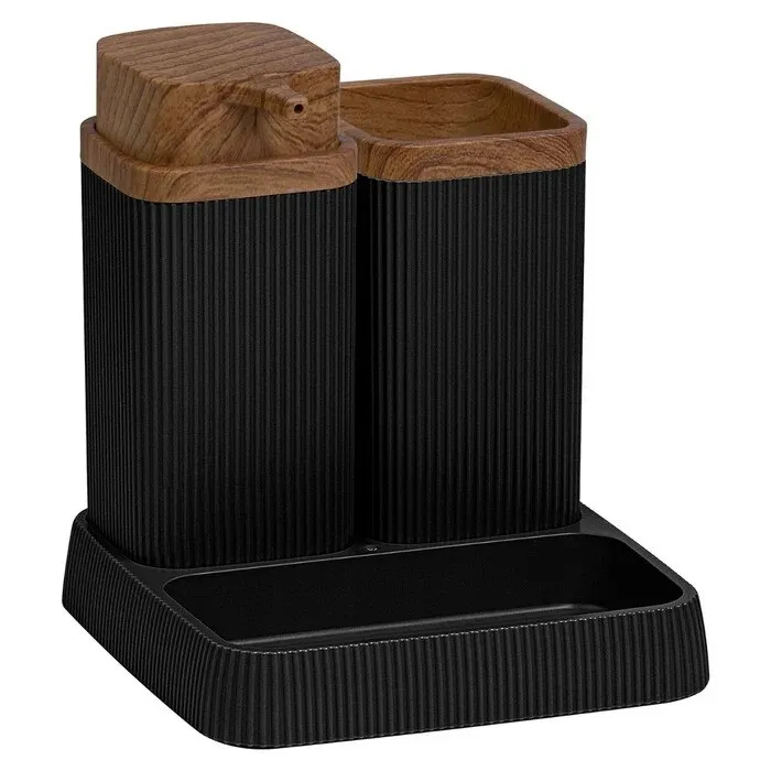 Set accesorii baie, Okyanus Home Stella OKY-465-3, negru + lemn, 3 piese