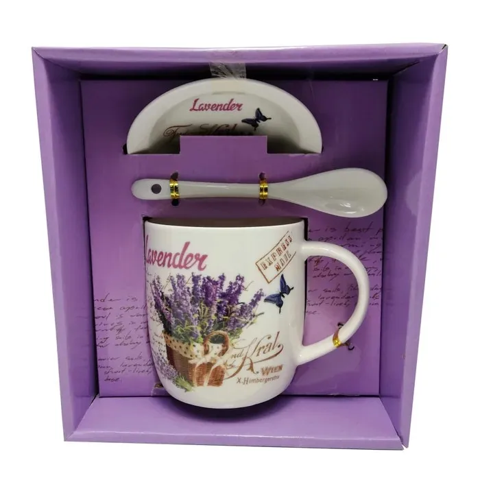 Set cana, farfurioara si lingurita Lavanda, ceramica, 300 ml, 9x8.5cm, diverse modele
