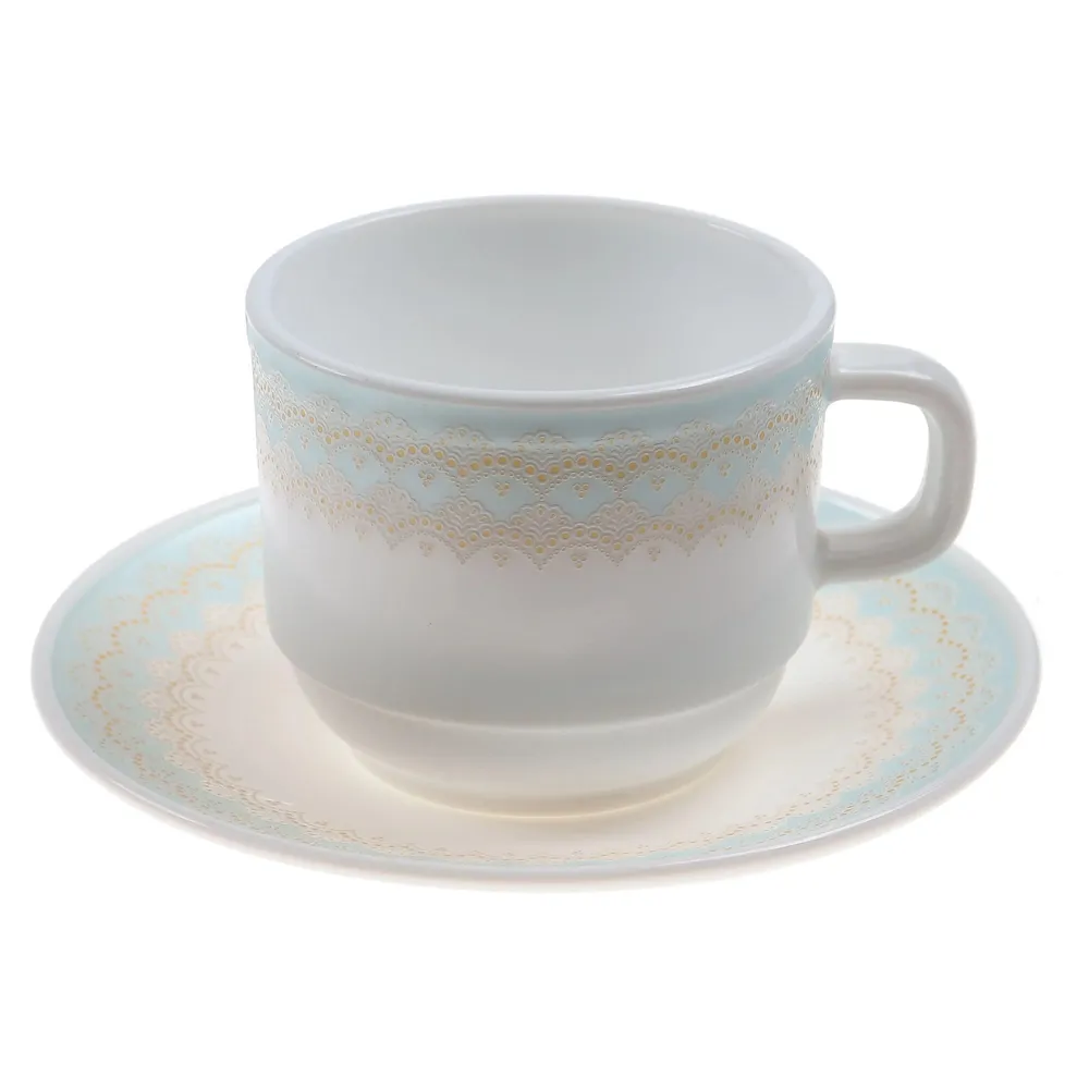 Set ceasca si farfurioara, sticla termica, alb, albastru, auriu, 250 ml, 8.5x7cm, 15cm