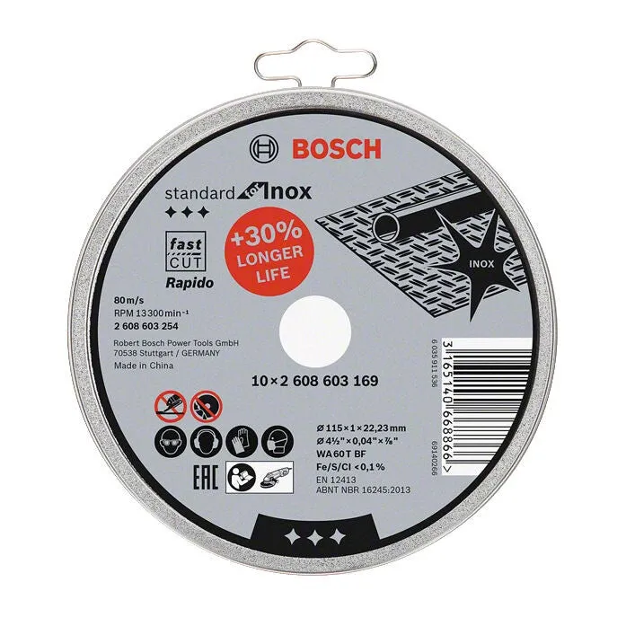 Set de 10 discuri de taiere Standard pentru inox Bosch Rapido 2608603254, 115 x 1 mm dimensune, cutie metalica