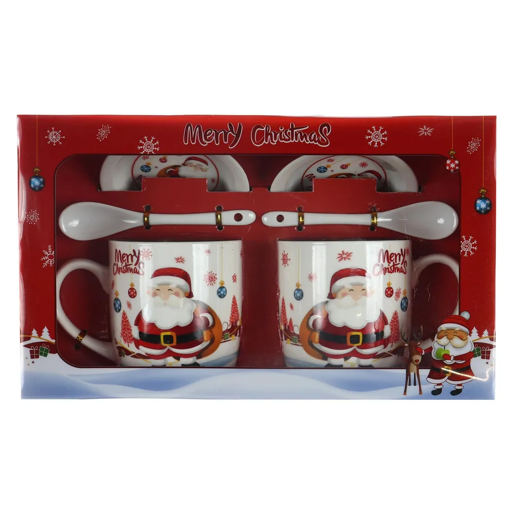 Set doua cani Craciun, design tematic multicolor, alb + rosu, farfuriute si lingurite incluse