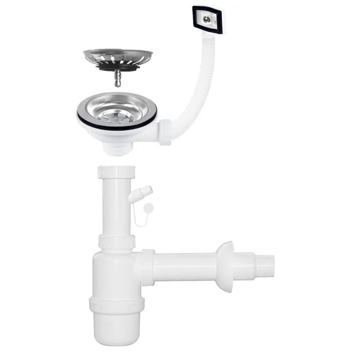 Sifon Eurociere S472/30560, pentru chiuveta bucatarie cu 1 cuva, 1 1/2, cu pahar decantor si racord pentru masina de spalat + ventil 3 1/2 x 1 1/2, cu gratar din inox, preaplin dreptunghiular, plastic + inox, alb