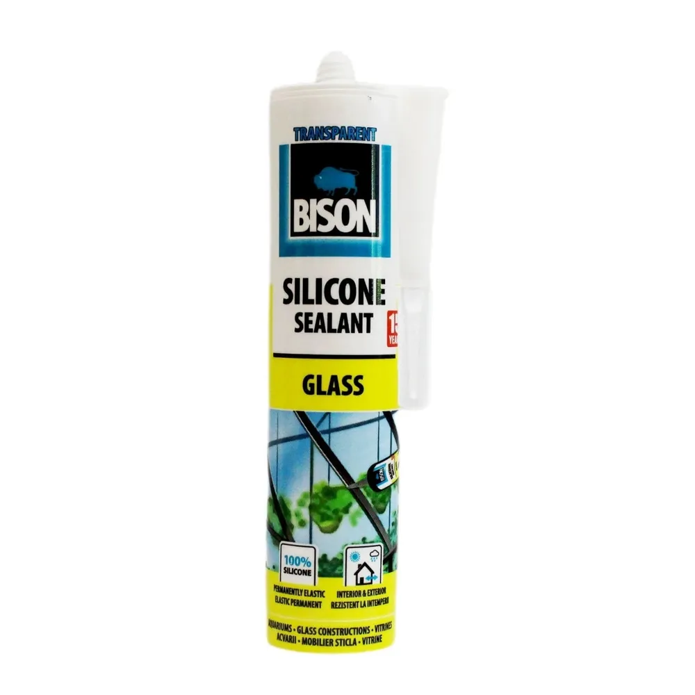 Silicon pentru sticla, Bison Glass, rezistent la apa, transparent, interior / exterior, 280 ml