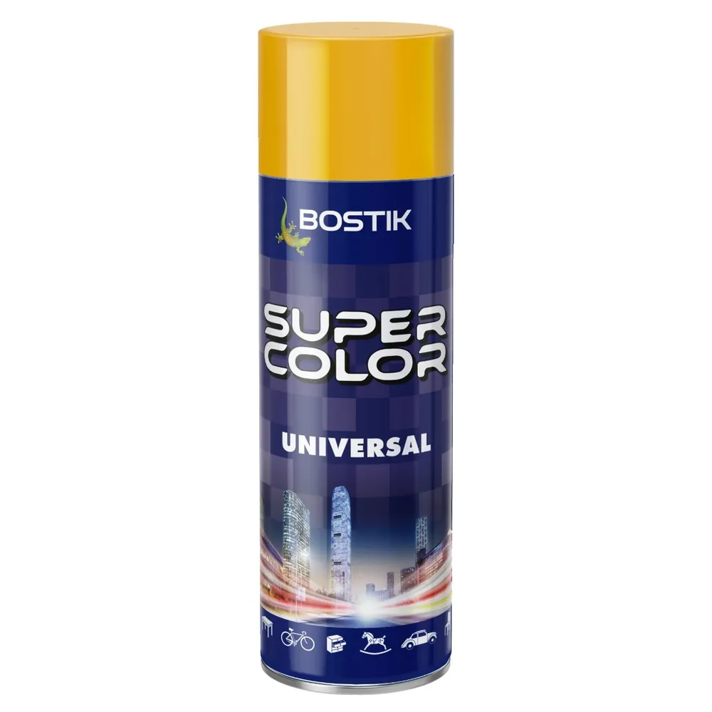 Spray vopsea acrilica Bostik Super Color Universal, interior / exterior, galben auriu RAL1004, 400 ml