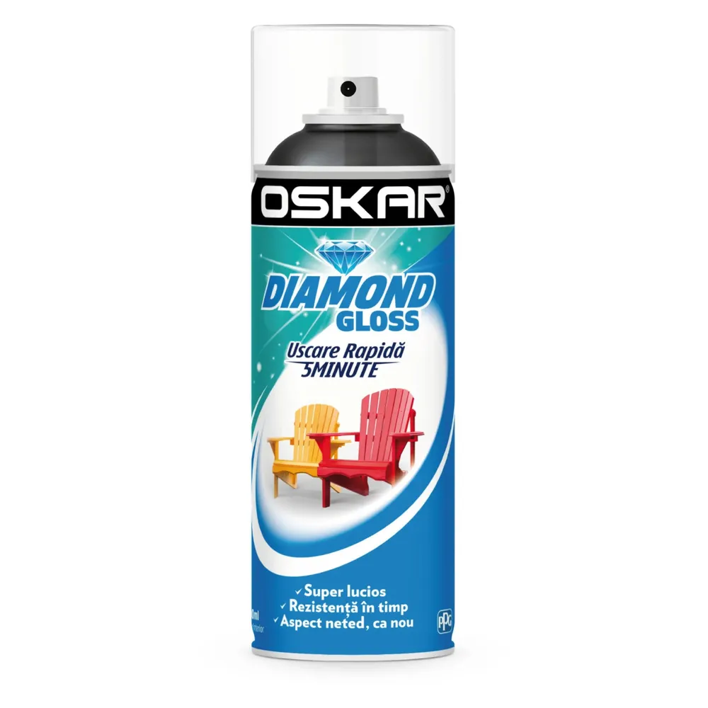 Spray vopsea lemn / metal, Oskar Diamond Gloss, negru lucios, interior / exterior, 400 ml