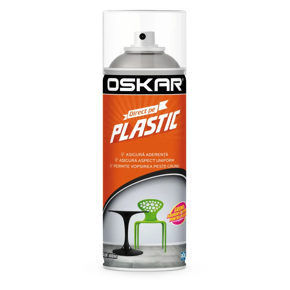 Spray vopsea, Oskar Direct pe plastic, incolor, interior / exterior, 400 ml