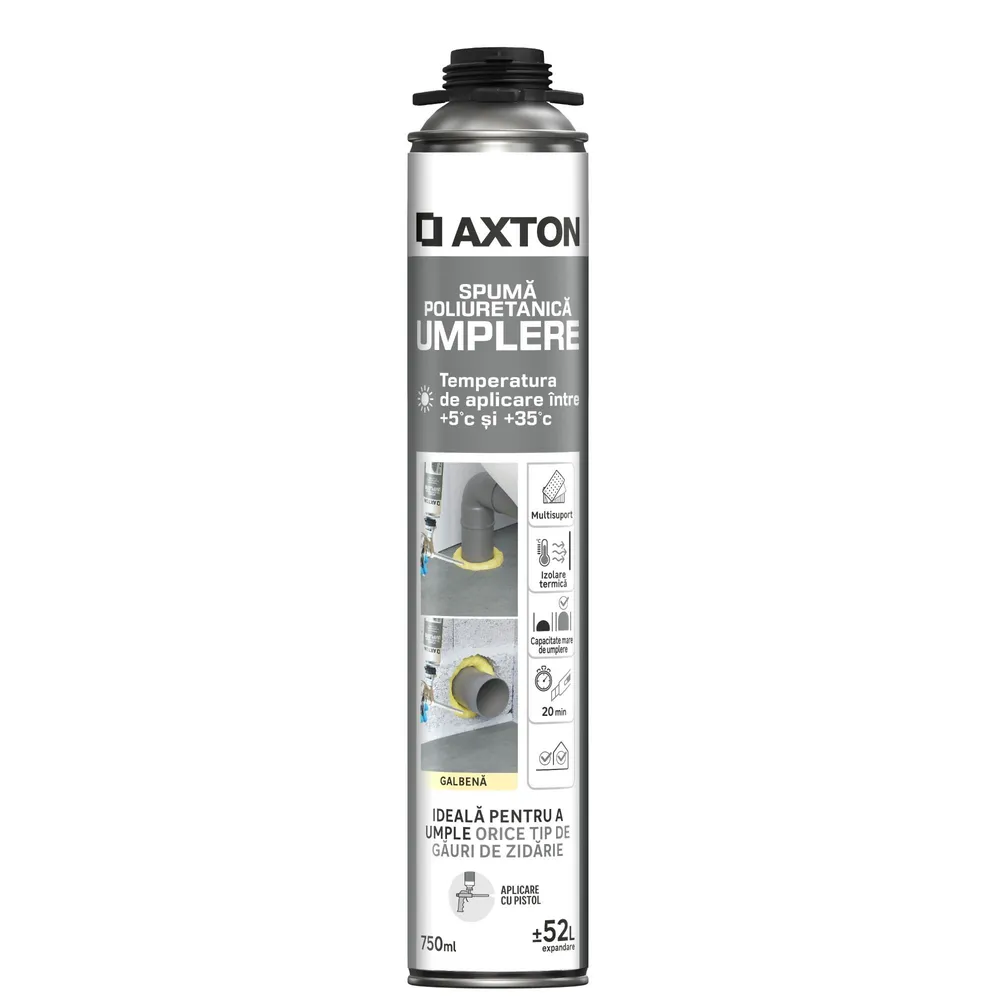 Spuma poliuretanica Axton, pentru umplerea golurilor, aplicare cu pistol, galben, 750 ml