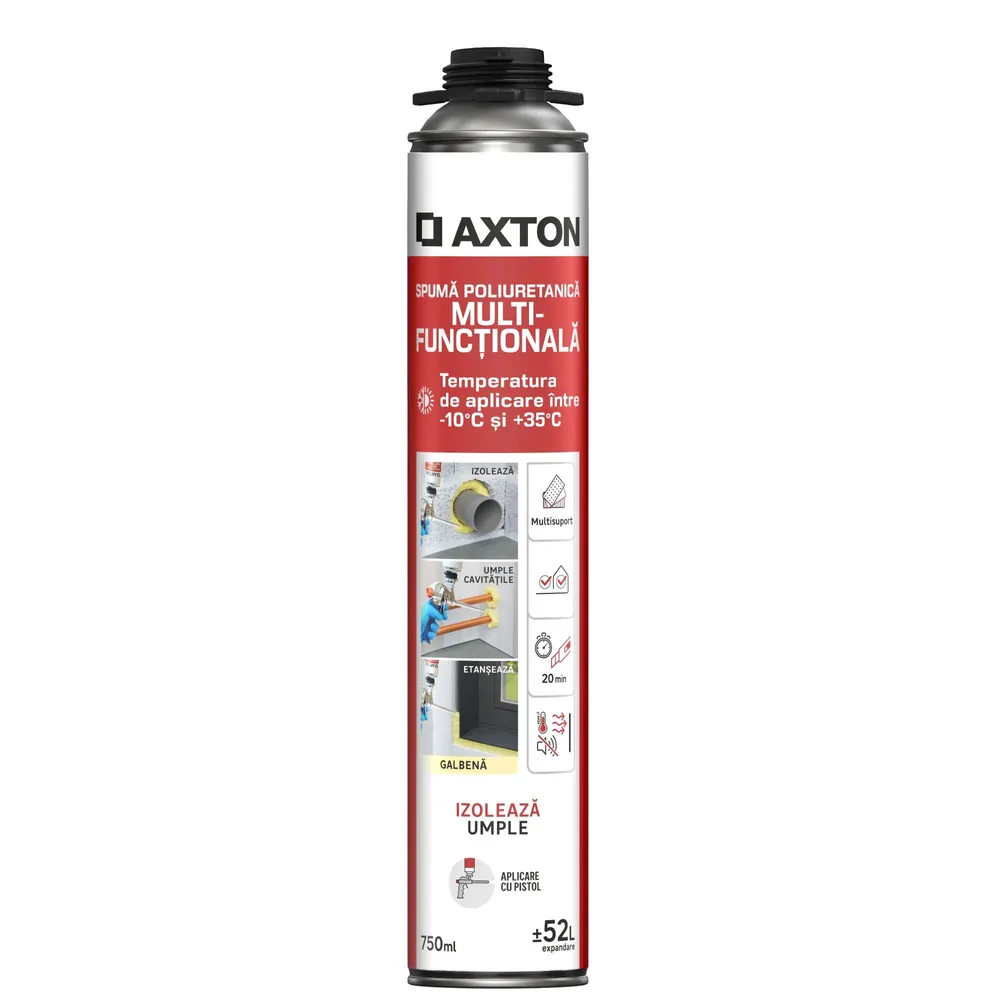 Spuma poliuretanica multifunctionala Axton, pentru izolare termica, toate anotimpurile, aplicare cu pistol, galben, 750 ml