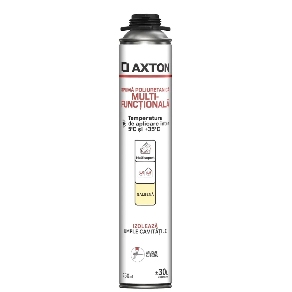 Spuma poliuretanica multifunctionala Axton, pentru izolare termica, vara, aplicare cu pistol, galben, 750 ml