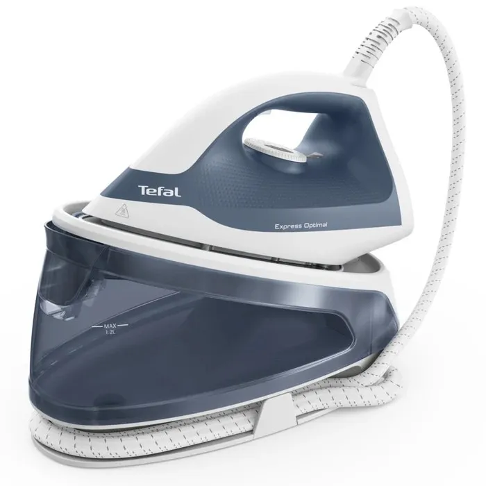 Statie de calcat Tefal Express Optimal SV4110E0, 2200 W, 1.2 litri, jet de abur 190 g/min, talpa Xpress Glide, jet de abur vertical, presiune 5 bar, oprire automata, functie anticalcar, alb + albastru