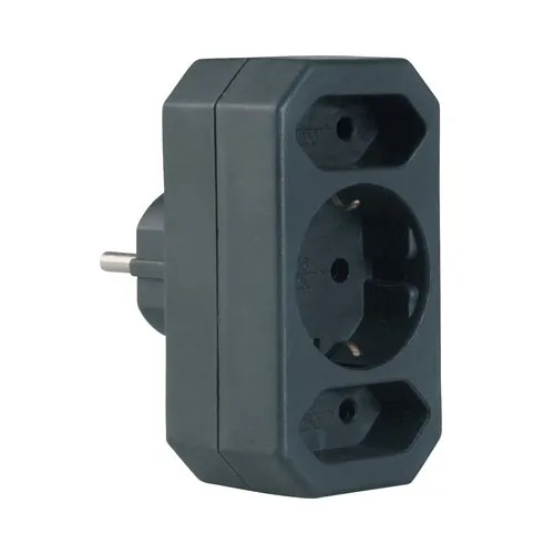 Stecher triplu, 2 x Euro, 1 x priza cu impamantare, negru