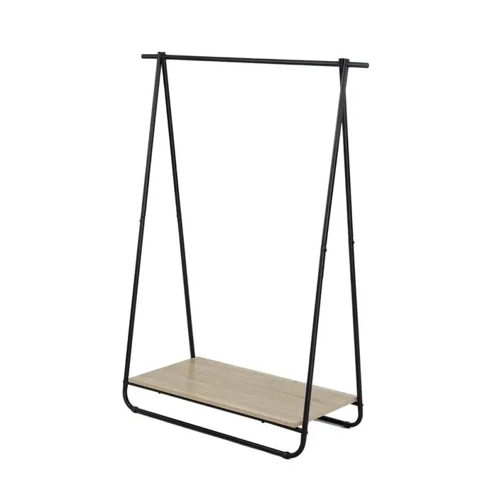 Suport haine cu bara pentru umerase si polita, negru/natur, 104x42x138cm