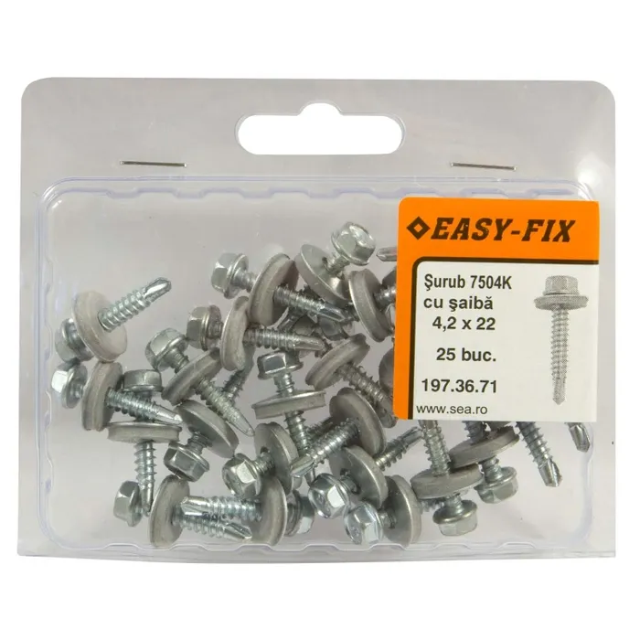 Surub autoforant pentru tabla, cu cap hexagonal + saiba EPDM, Easy-Fix, din otel, zincat alb, 4.2 x 22 mm, set 25 bucati