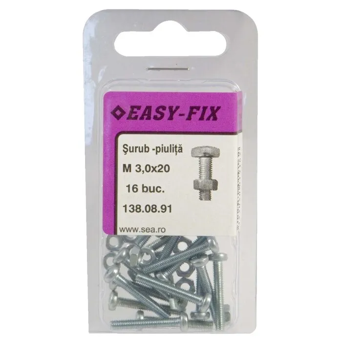 Surub cu cap bombat, amprenta cruce, cu piulita, Easy-Fix, otel, zincat alb, M3 x 20 mm, set 16 bucati