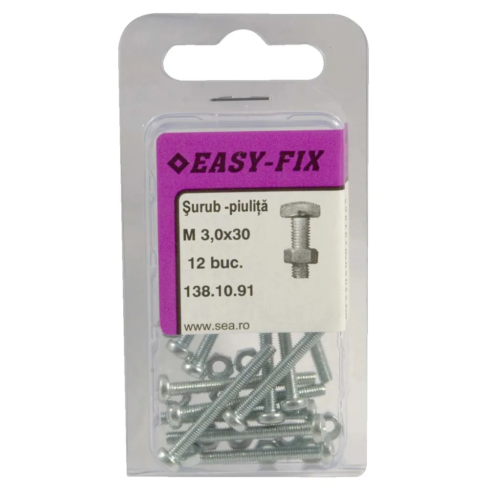 Surub cu cap bombat, amprenta cruce, cu piulita, Easy-Fix, otel, zincat alb, M3 x 30 mm, set 12 bucati