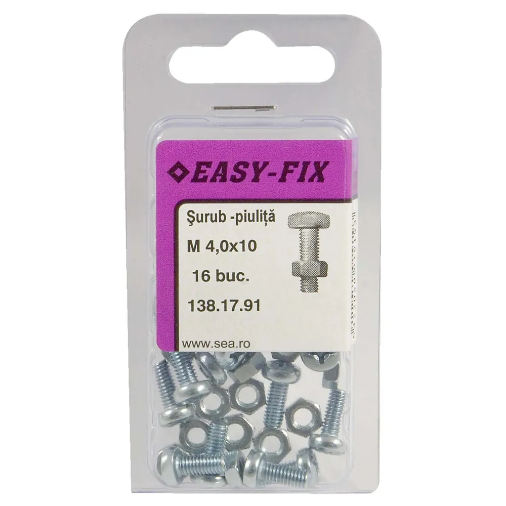 Surub cu cap bombat, amprenta cruce, cu piulita, Easy-Fix, otel, zincat alb, M4 x 10 mm, set 16 bucati