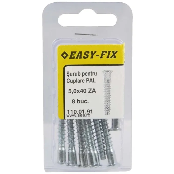 Surub de cuplare, pentru PAL, cu cap inecat, din otel, zincat alb, 5 x 40 mm, 8 bucati