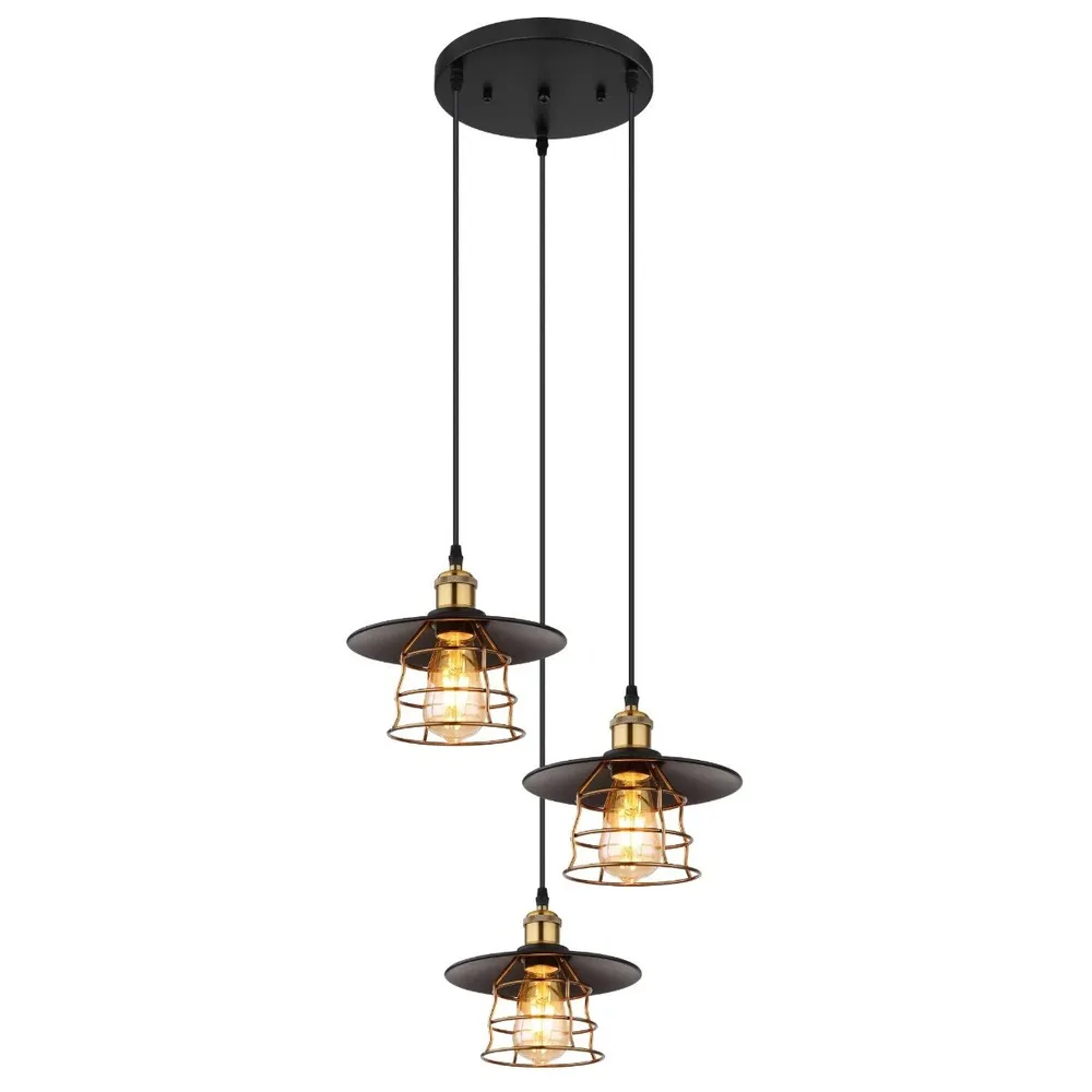 Suspensie Viejo 15086-3BH, 3 x E27, negru mat + alama, modern
