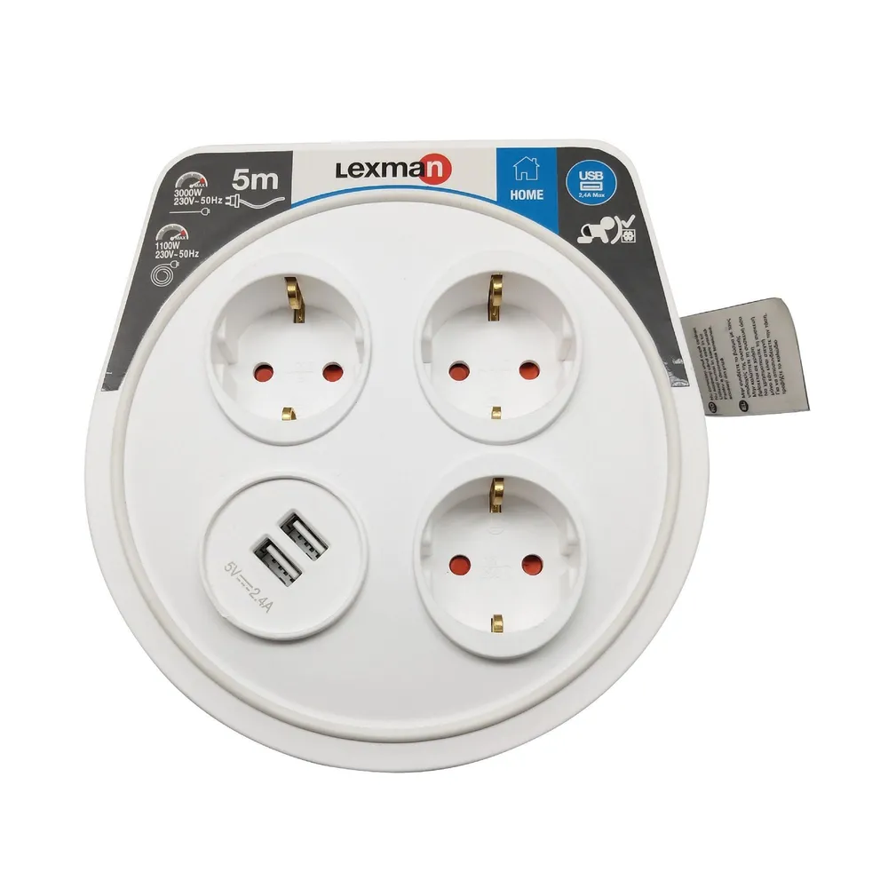 Tambur Lexman, IP20, 2 x USB, 3 prize, 3 x 1.5 mmp, 5 m, alb