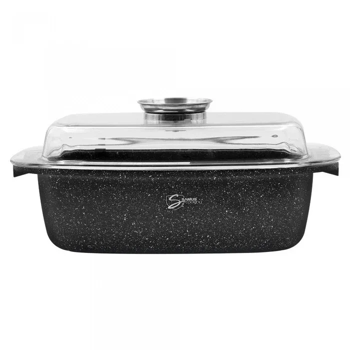 Tava cuptor Samus TOL323-RC, aluminiu, dreptunghiulara, negru, 32 x 22 cm, invelis antiaderent, cu capac
