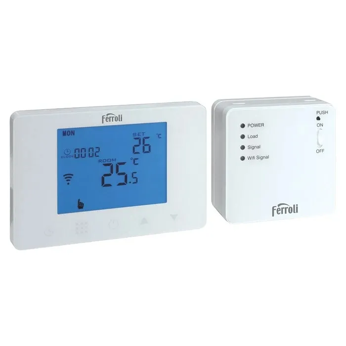 Termostat de ambient pentru centrala, wireless, Ferroli FER309, afisaj digital, touchscreen, Wi-Fi, 4 x 1.5 AAA, USB, 230 V
