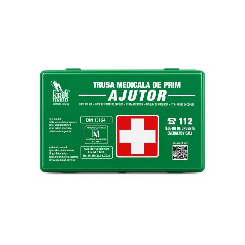 Trusa medicala auto cutie verde omologata DIN 13164:2022 cu aviz ANMDMR si certificat RAR